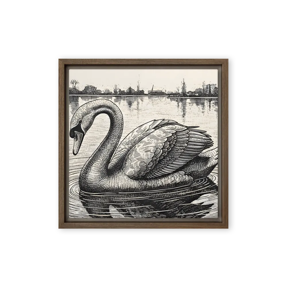 Etched Swan 
 Canvas with Brown Frame