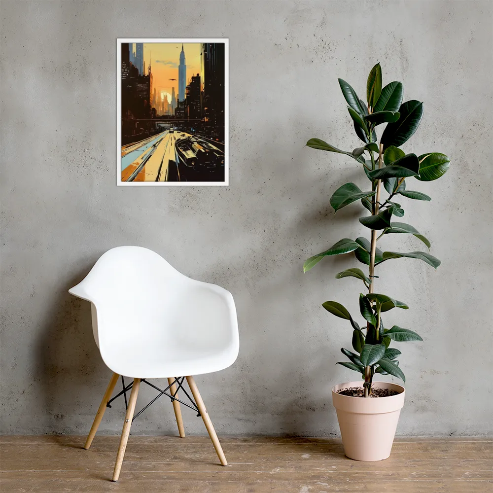 Metro Nexus: A Futuristic Cityscape | Poster with White Frame | 18″×24″
