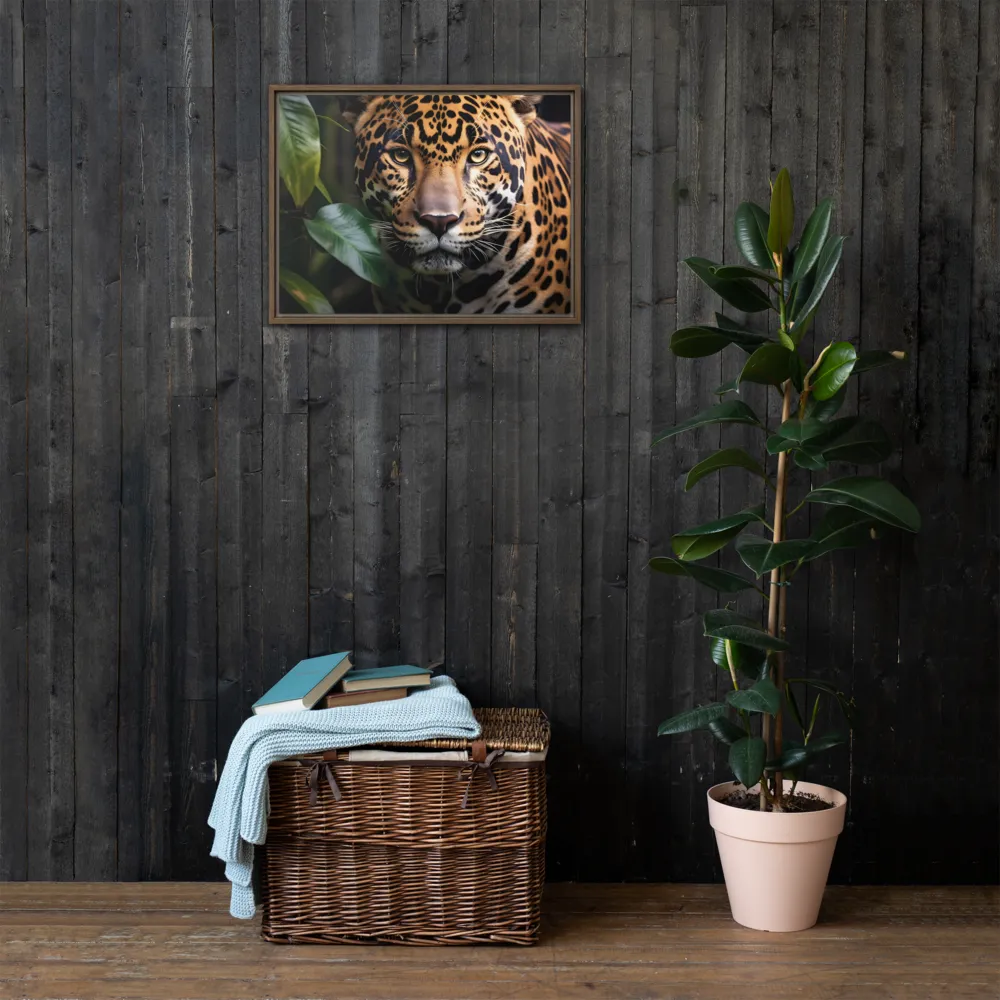 The Intensity of Nature: A Jaguar’s Gaze | Canvas with Brown Frame | 18″×24″