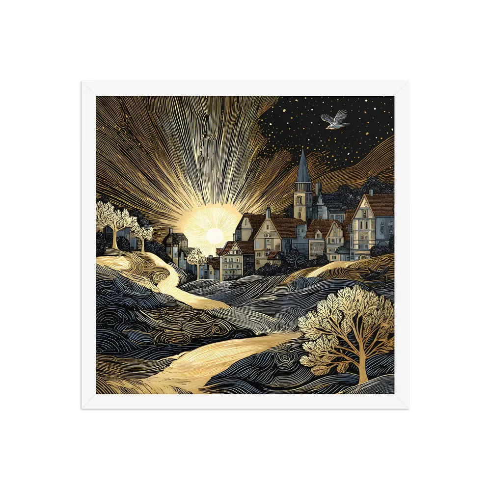 Golden Dawn Village 
 Poster with White Frame | 16″x 16″