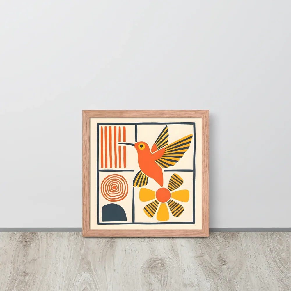 Hummingbird & Flower Panel 
 Poster with Red oak Frame | 14″x 14″
