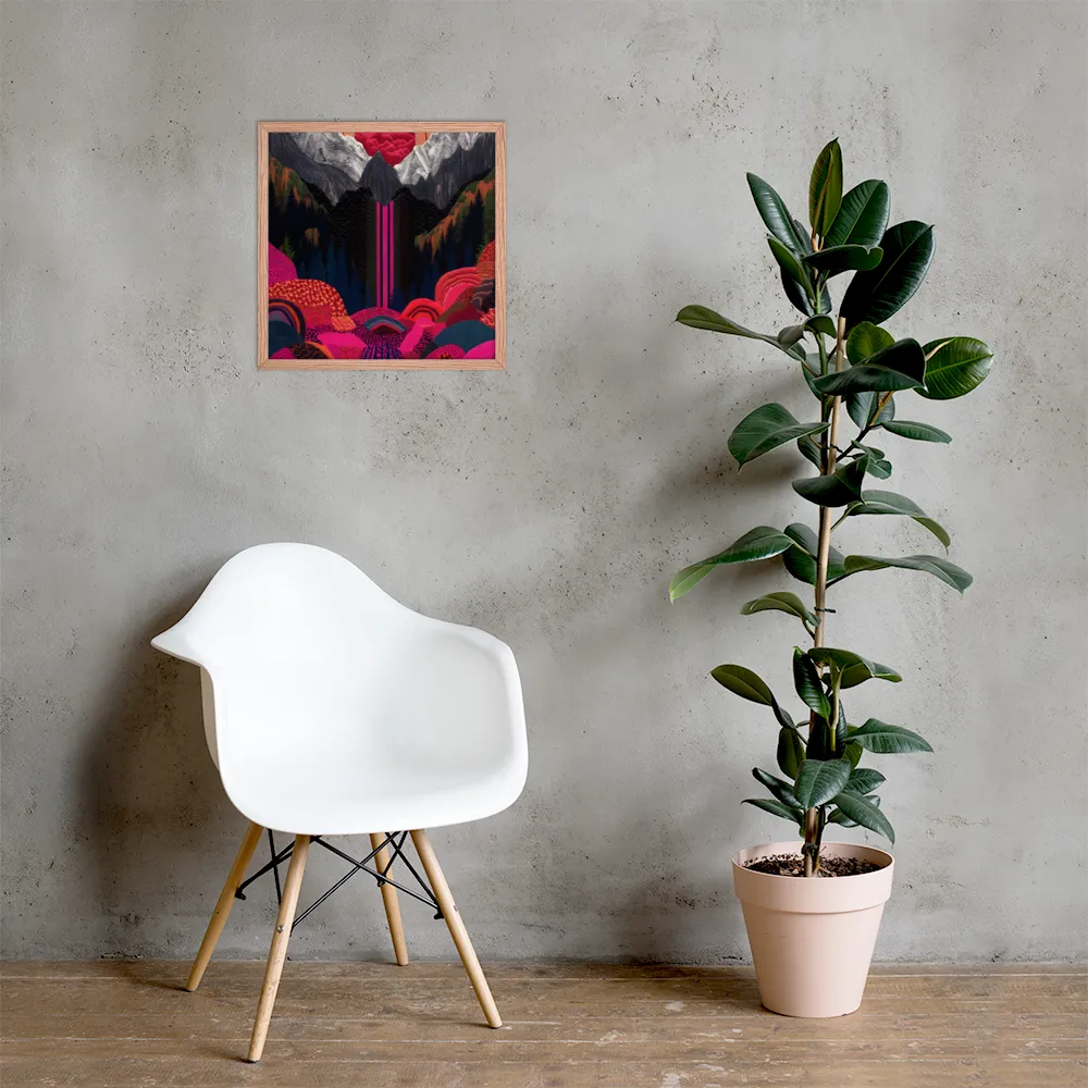Ethereal Cascade: A Surreal Landscape | Poster with Red oak Frame | 18″×18″