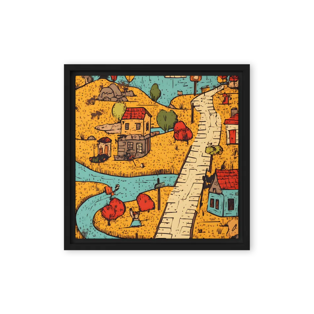 Whimsical Village Landscape | Canvas with Black Frame | 12″×12″