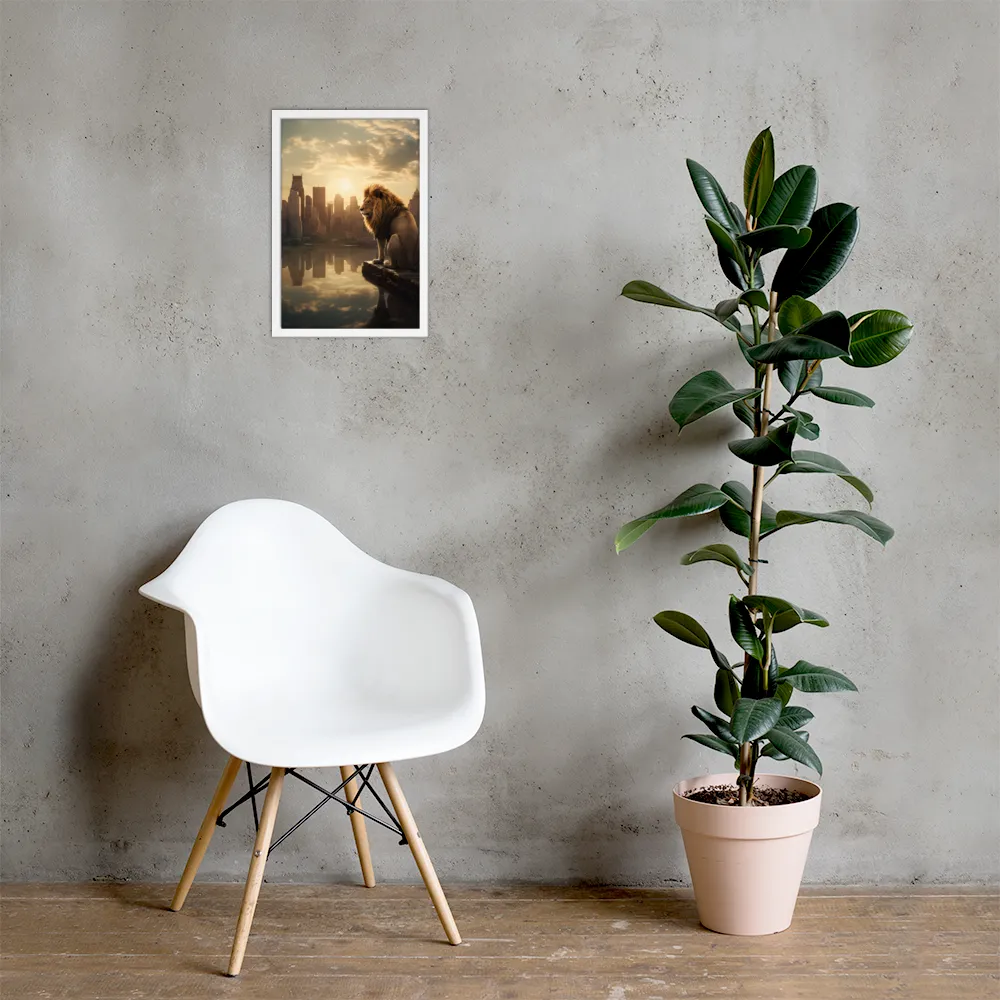 The Lion's Gaze Over the Urban Symphony | Poster with White Frame | 12″×18″