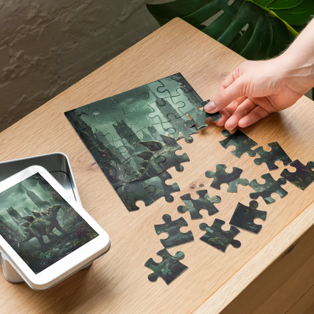 Stegosaurus in Overgrown City 
 Jigsaw Puzzle in Tin Box