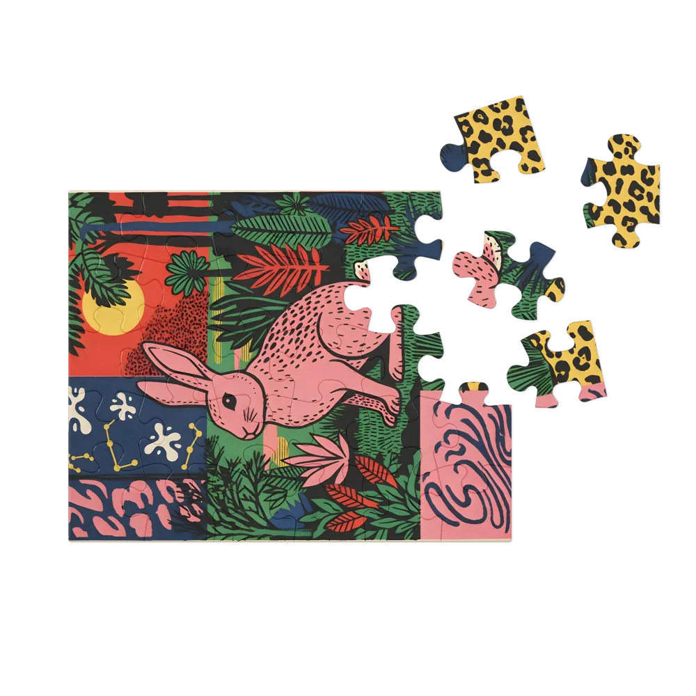 Pink Rabbit in Tropical Garden 
 Jigsaw Puzzle in Tin Box