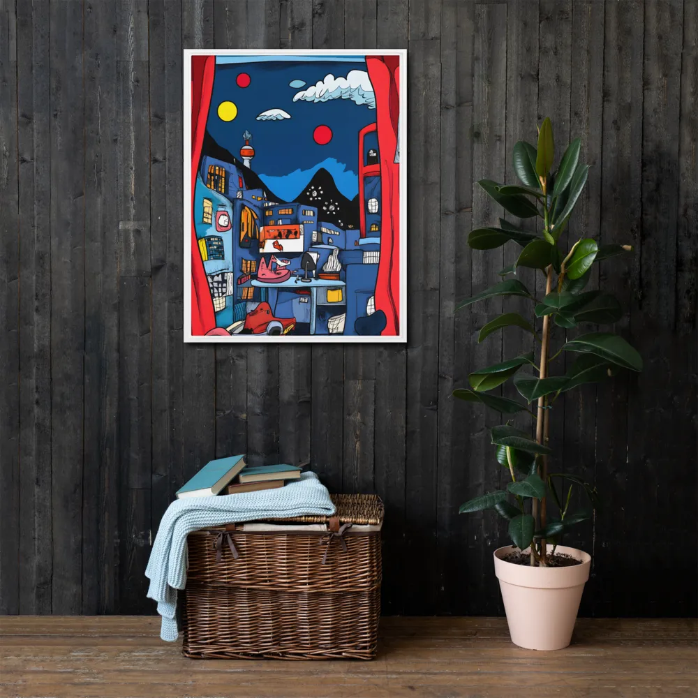 Whimsical Cityscape at Night | Canvas with White Frame | 24″×32″