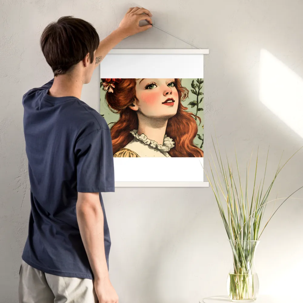 Whimsical Portrait of a Flower-Adorned Girl | Poster With White Wood Hanger | 18″×24″