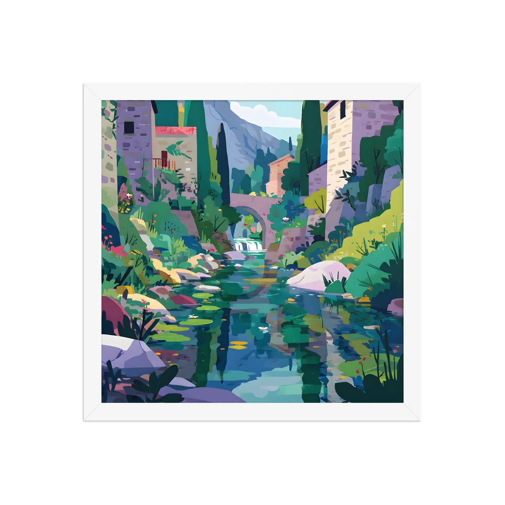 Mountain Village Stream 
 Poster with White Frame | 14″x 14″