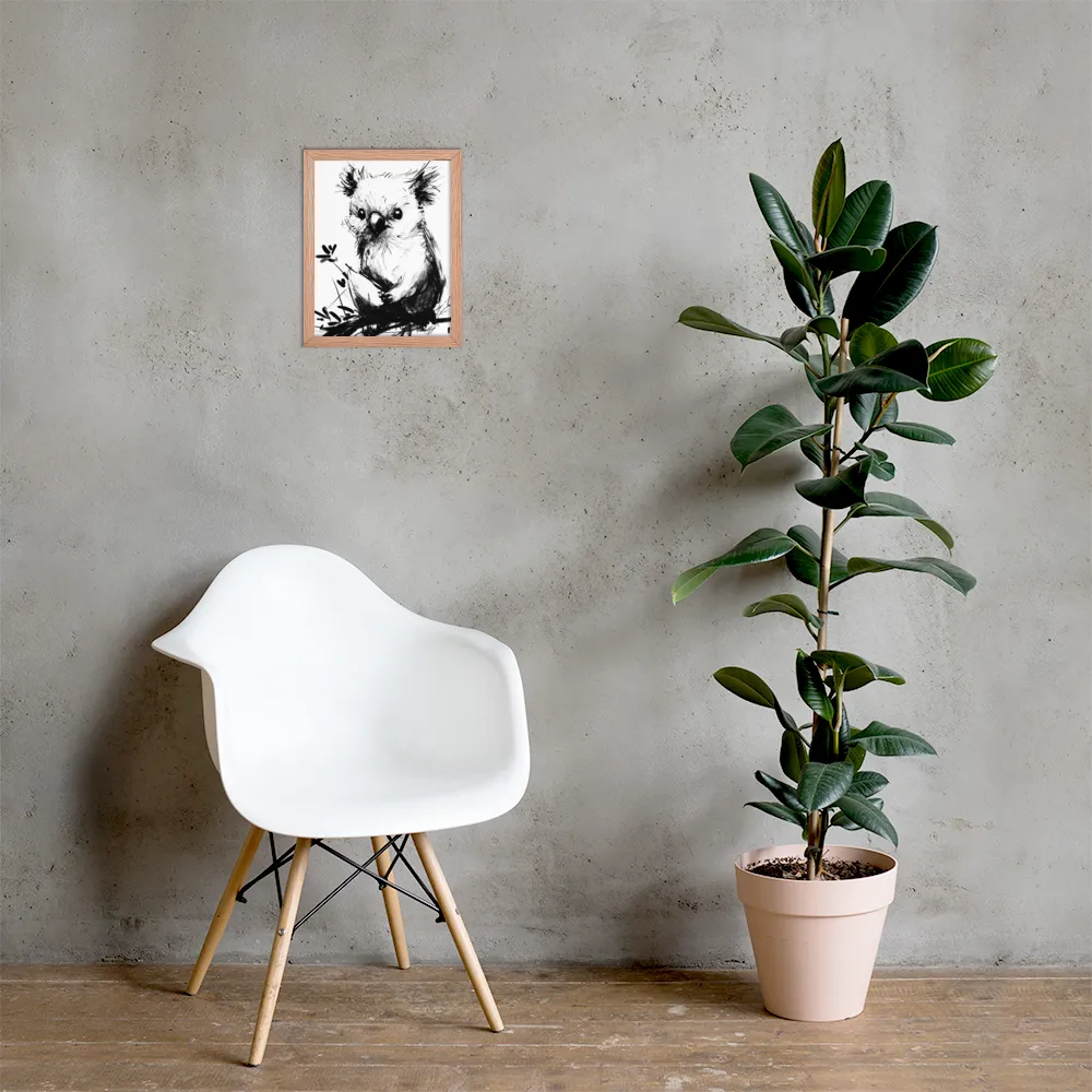 Whimsical Koala in Ink | Poster with Red oak Frame | 11″×14″