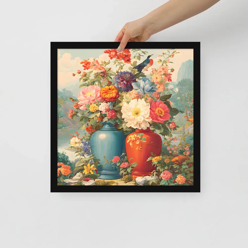 Twin Vases in Bloom 
 Poster with Black Frame | 16″x 16″