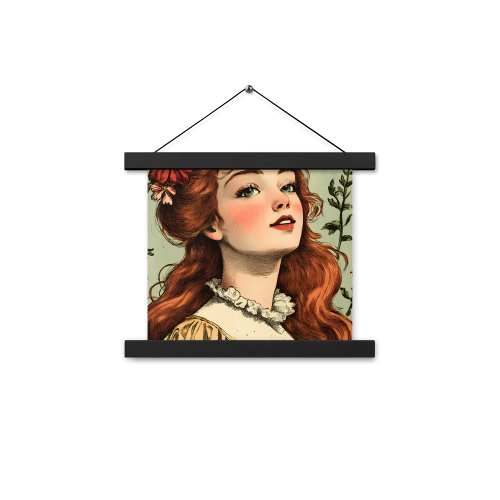 Whimsical Portrait of a Flower-Adorned Girl | Poster With Black Wood Hanger | 10″×10″