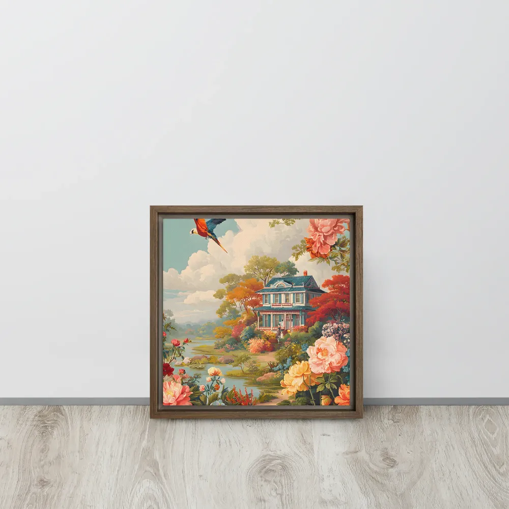 Riverside Cottage in Bloom 
 Canvas with Brown Frame | 12″x 12″