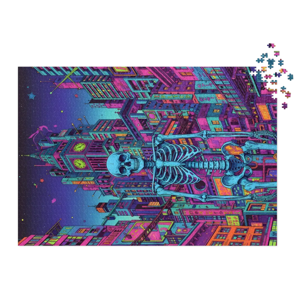 Neon Skeleton Cityscape 
 Jigsaw Puzzle in Tin Box