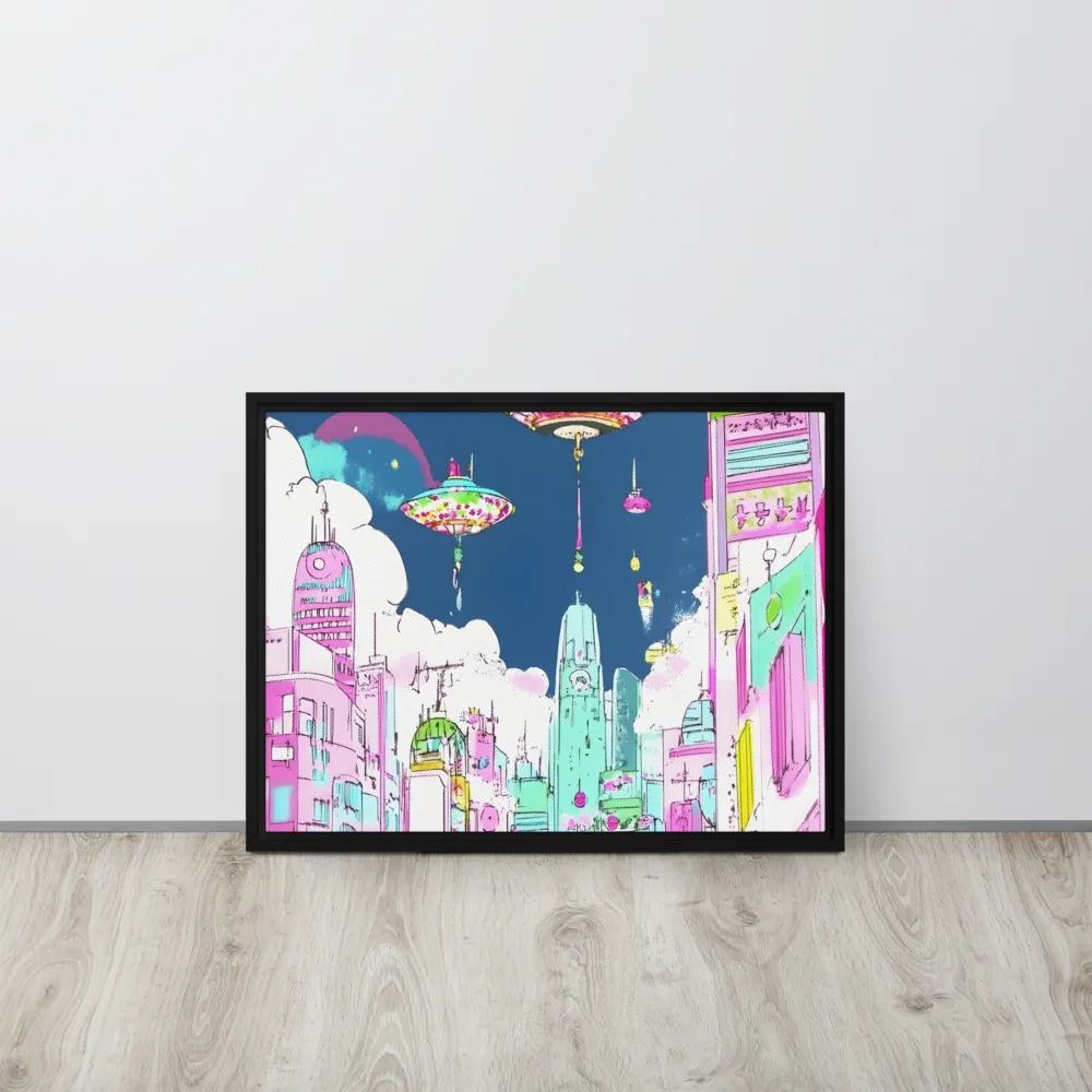 Futuristic Cityscape with Floating Structures | Canvas with Black Frame | 18″×24″