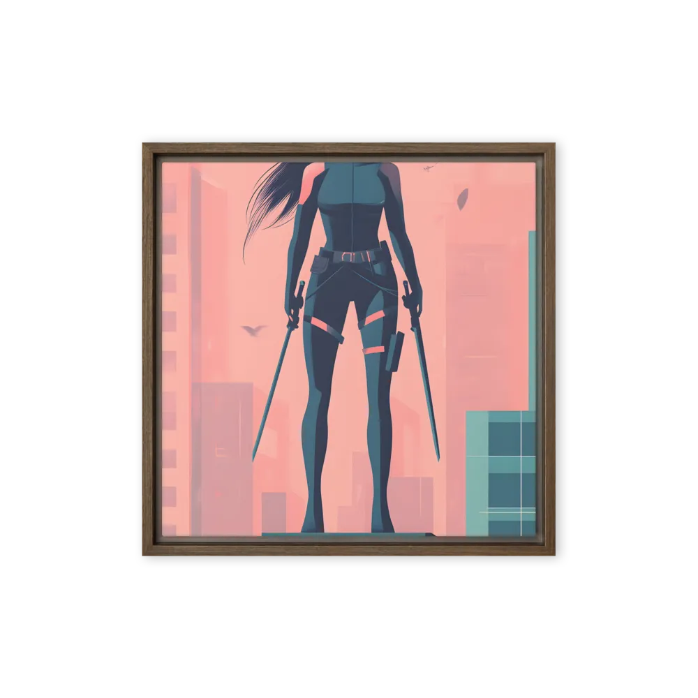 Urban Sentinel: A Warrior's Stand | Canvas with Brown Frame | 16″×16″