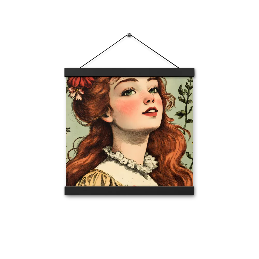 Whimsical Portrait of a Flower-Adorned Girl | Poster With Black Wood Hanger | 12″×12″
