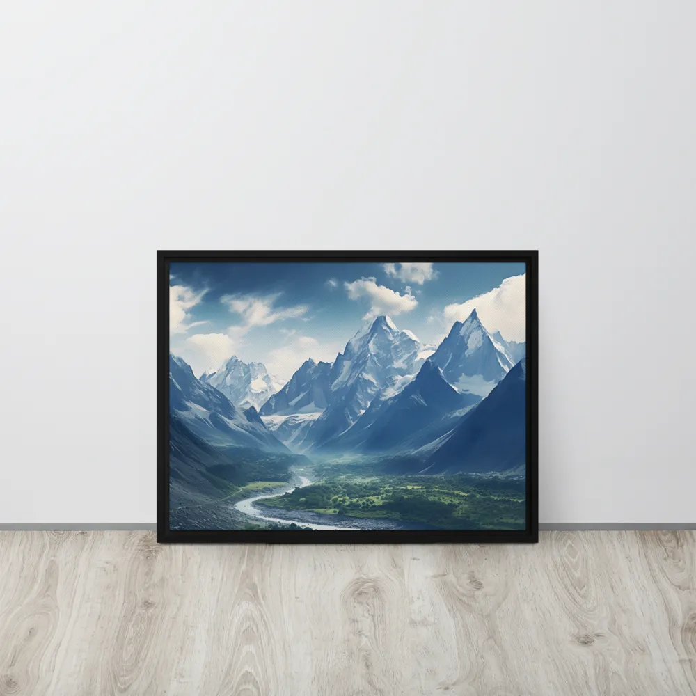 Majestic Serenity: A Landscape of Mountains and Rivers | Canvas with Black Frame | 18″×24″