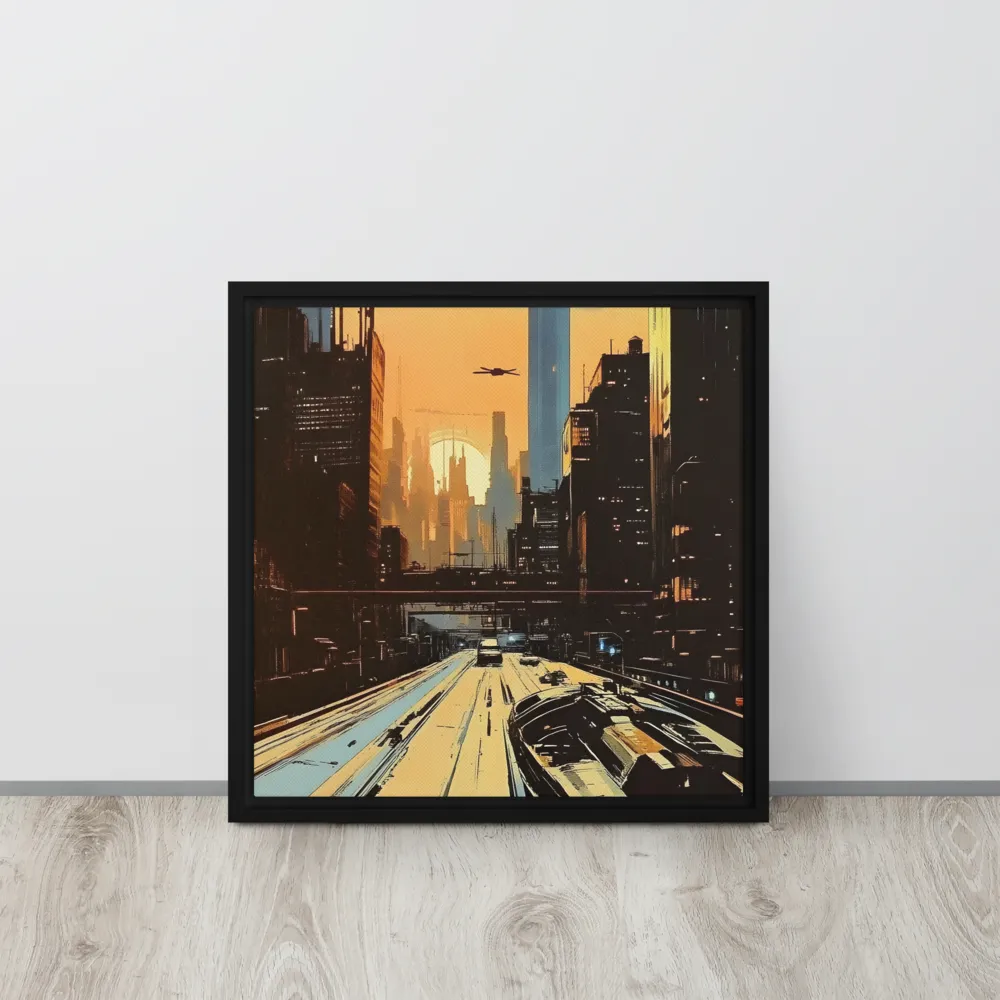 Metro Nexus: A Futuristic Cityscape | Canvas with Black Frame | 16″×16″