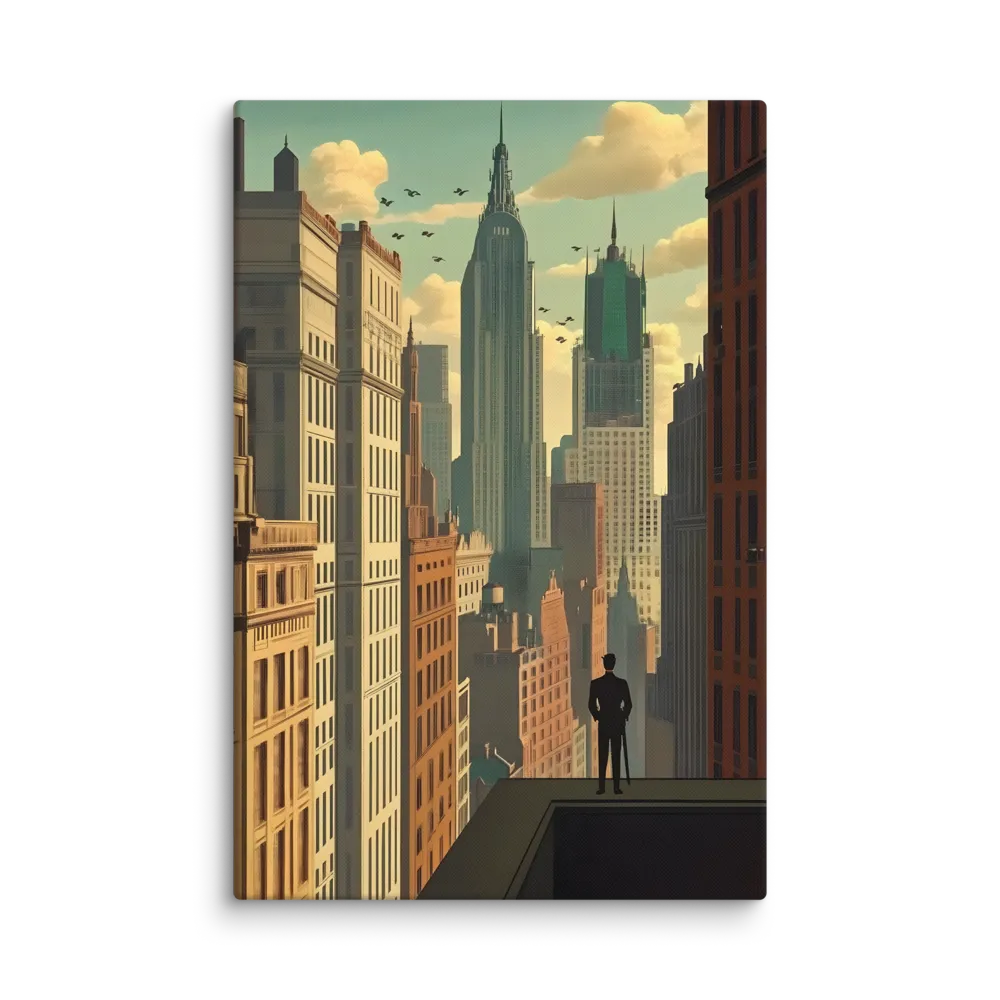 Urban Dreams: A Silhouette in Art Deco Cityscape | Canvas | 32″×48″