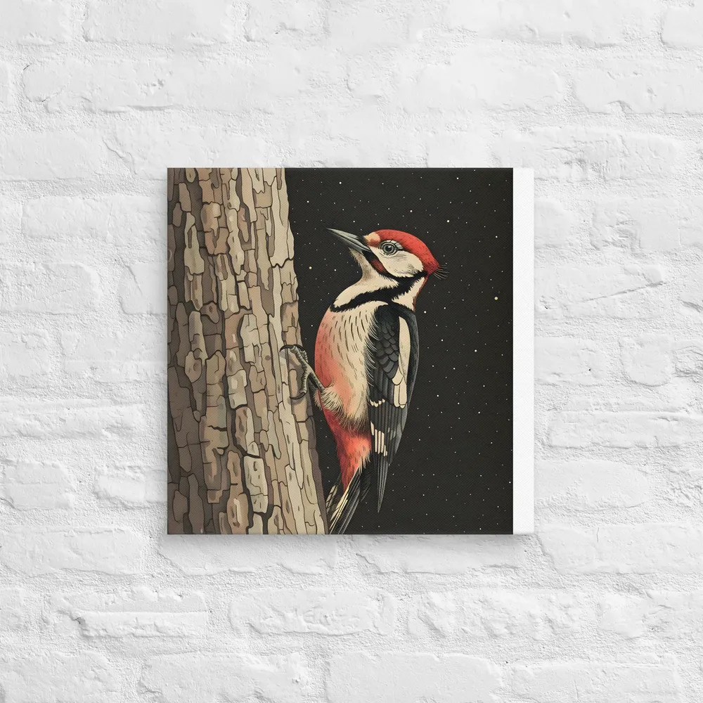Woodpecker on Bark 
 Canvas | 18″x 18″