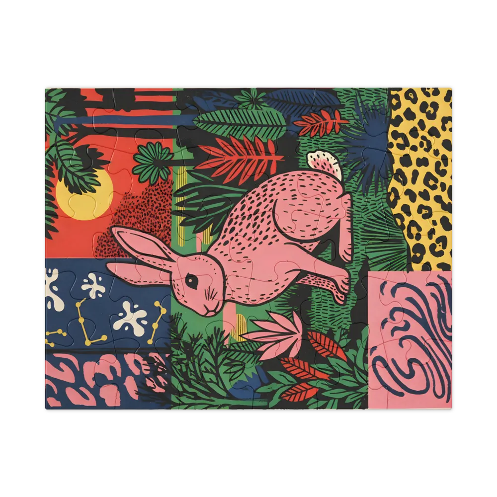 Pink Rabbit in Tropical Garden 
 Jigsaw Puzzle in Tin Box