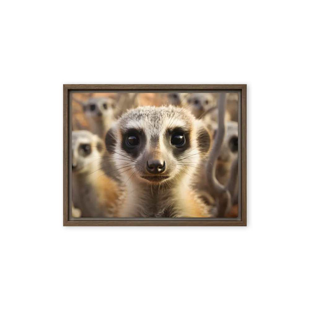 Curious Meerkats in Community | Canvas with Brown Frame | 12″×16″