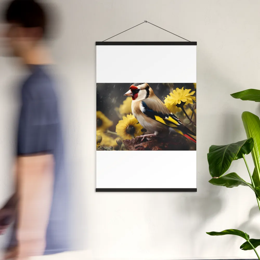 Harmony in Nature: A Goldfinch Amidst Blooms | Poster With Black Wood Hanger | 24″×36″