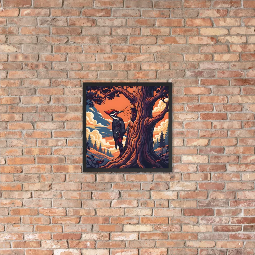 Woodpecker at Sunset 
 Poster with Black Frame | 18″x 18″
