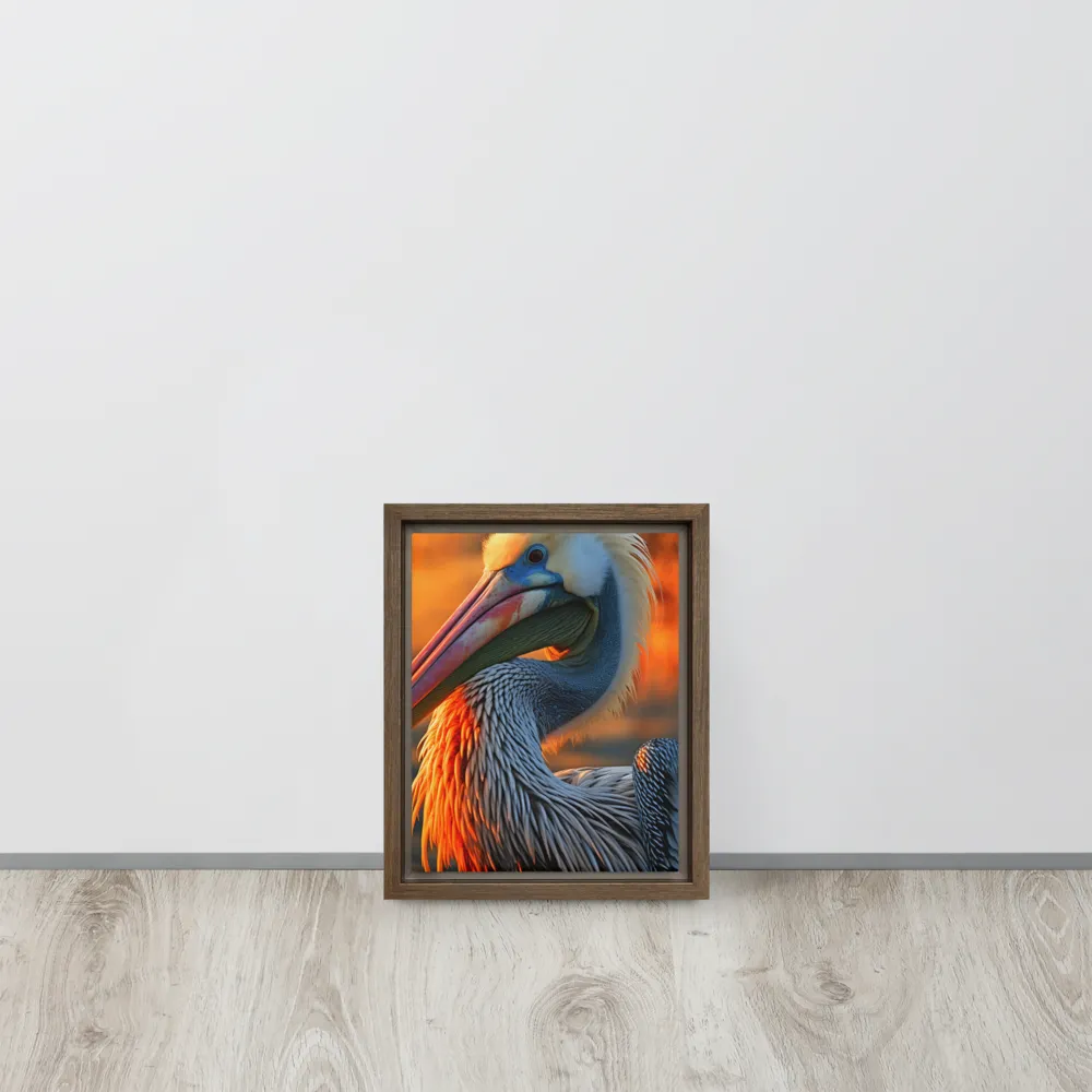 Elegance of the Pelican at Sunset | Canvas with Brown Frame | 8″×10″