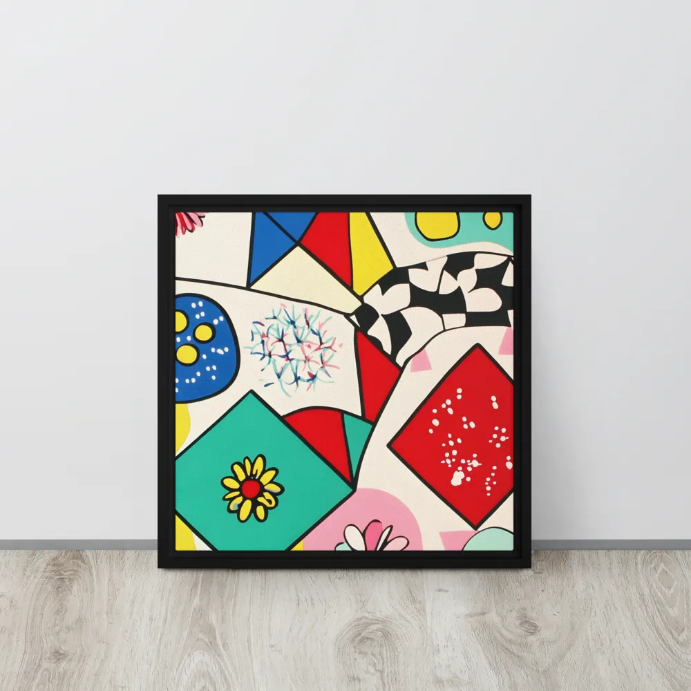 Joyful Geometry: A Playful Dance of Shapes and Colors | Canvas with Black Frame | 16″×16″