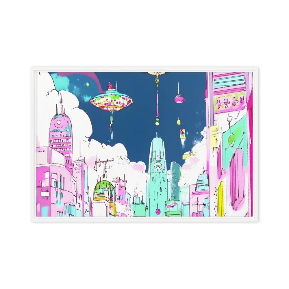 Futuristic Cityscape with Floating Structures | Canvas with White Frame | 20″×30″