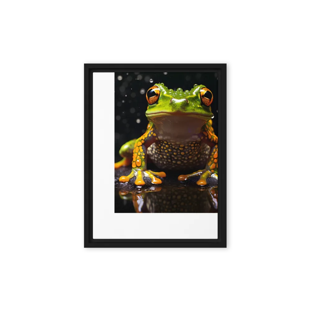 Emerald Elegance: The Frog in Focus | Canvas with Black Frame | 12″×16″