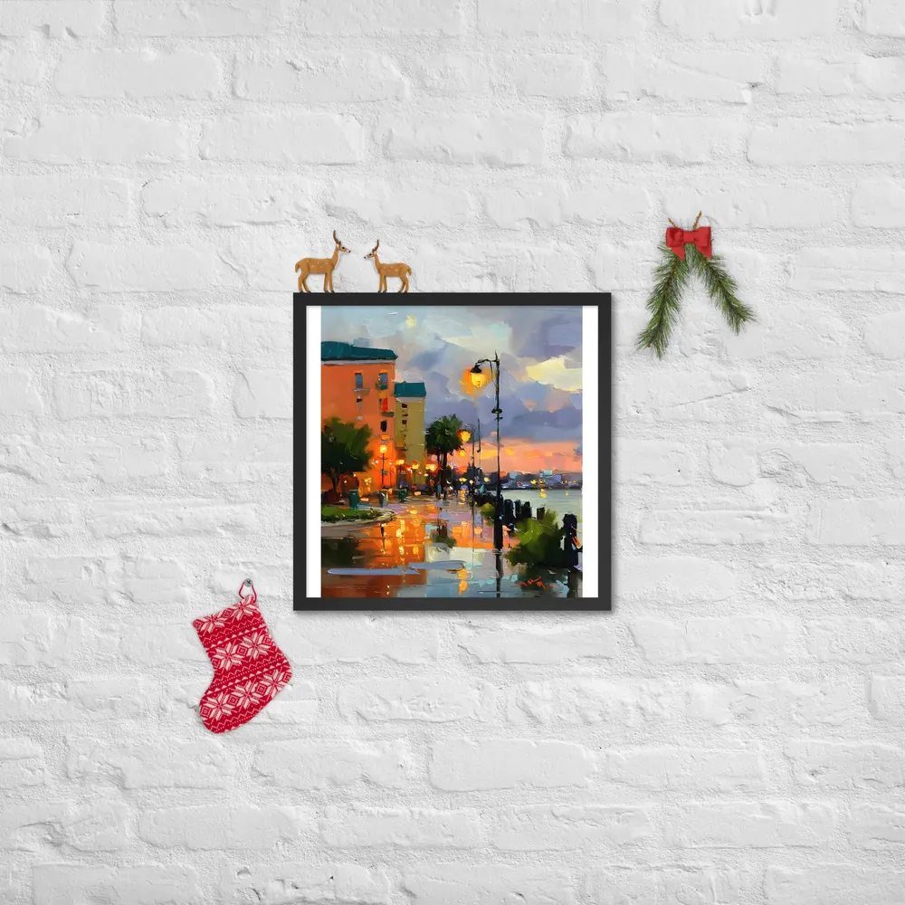 Harbor Promenade at Dusk 
 Poster with Black Frame | 18″x 18″