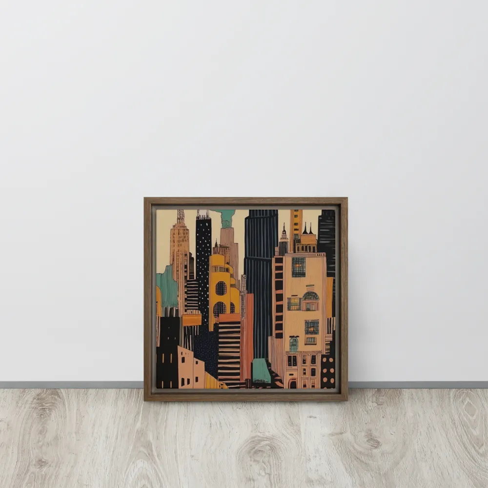 Urban Symphony in Ink | Canvas with Brown Frame | 12″×12″