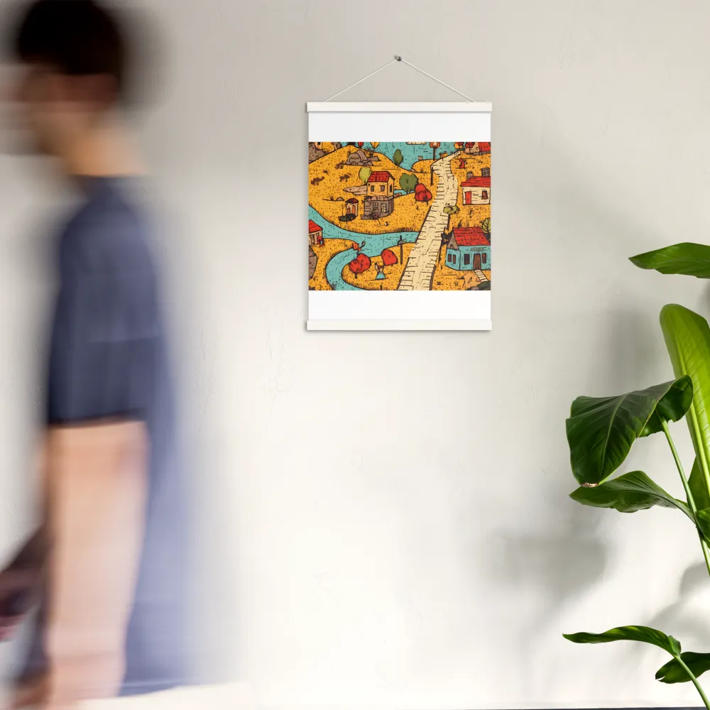 Whimsical Village Landscape | Poster With White Wood Hanger | 16″×20″