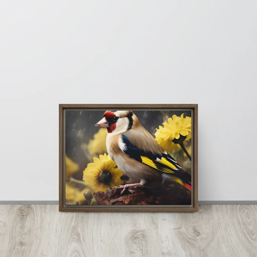 Harmony in Nature: A Goldfinch Amidst Blooms | Canvas with Brown Frame | 12″×16″