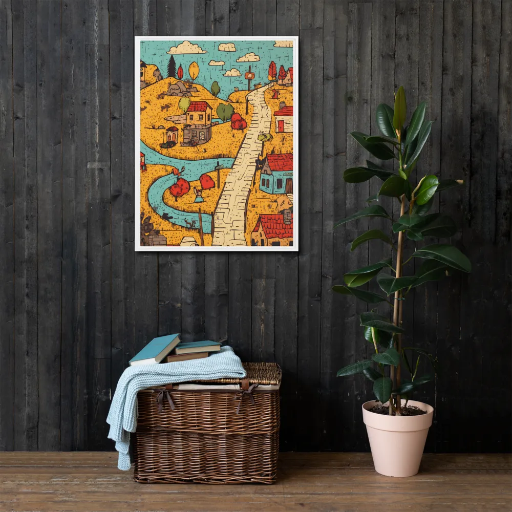 Whimsical Village Landscape | Canvas with White Frame | 24″×32″