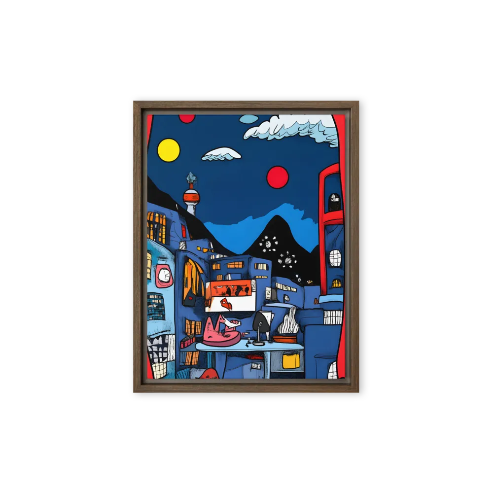 Whimsical Cityscape at Night | Canvas with Brown Frame | 9″×12″