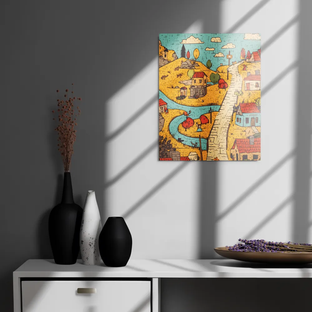 Whimsical Village Landscape | Metal Print | 16″×20″