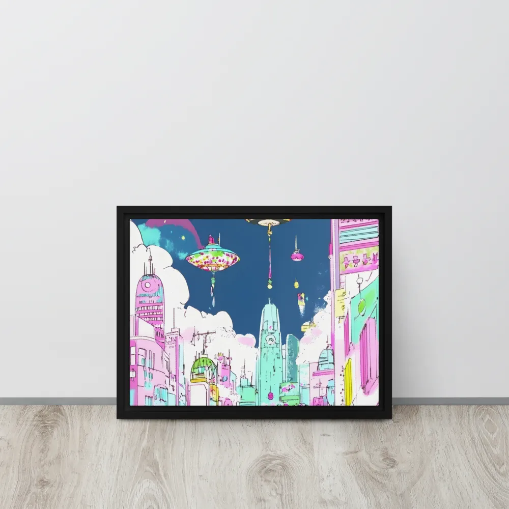 Futuristic Cityscape with Floating Structures | Canvas with Black Frame | 12″×16″