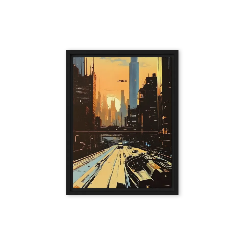 Metro Nexus: A Futuristic Cityscape | Canvas with Black Frame | 9″×12″