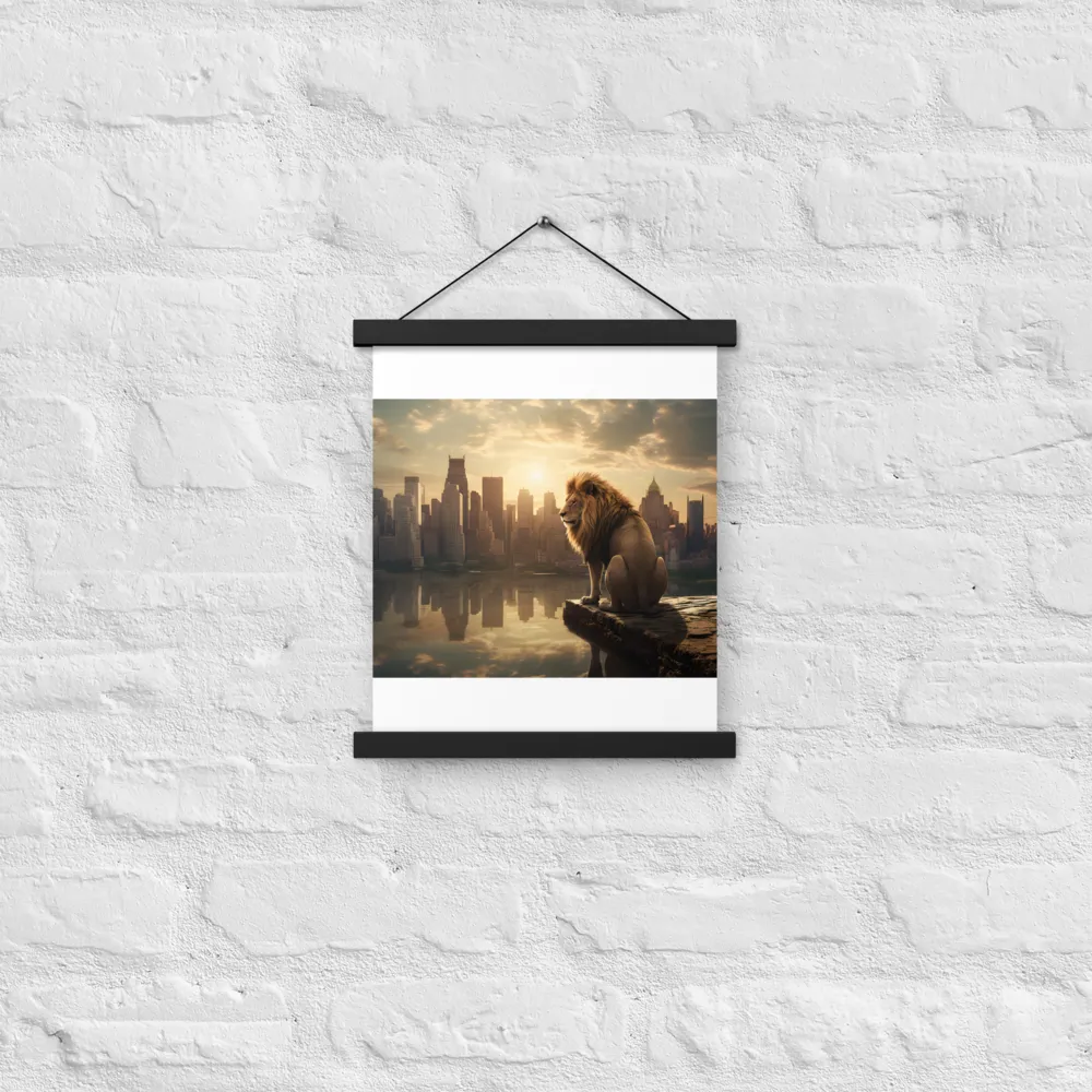 The Lion's Gaze Over the Urban Symphony | Poster With Black Wood Hanger | 11″×14″