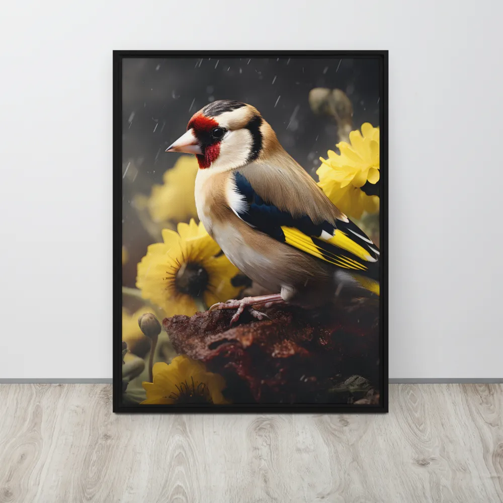 Harmony in Nature: A Goldfinch Amidst Blooms | Canvas with Black Frame | 24″×32″
