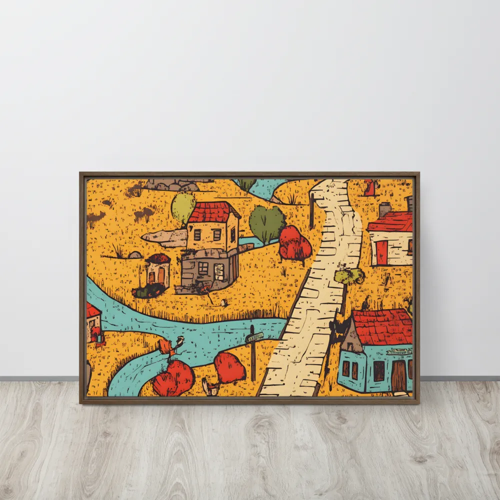 Whimsical Village Landscape | Canvas with Brown Frame | 20″×30″