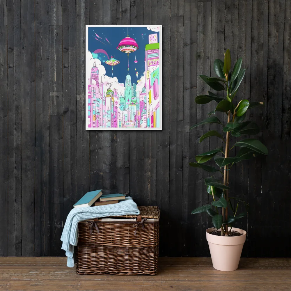 Futuristic Cityscape with Floating Structures | Canvas with White Frame | 20″×28″