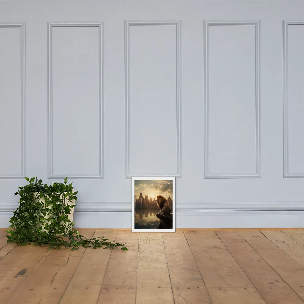 The Lion's Gaze Over the Urban Symphony | Poster with White Frame | 11″×14″