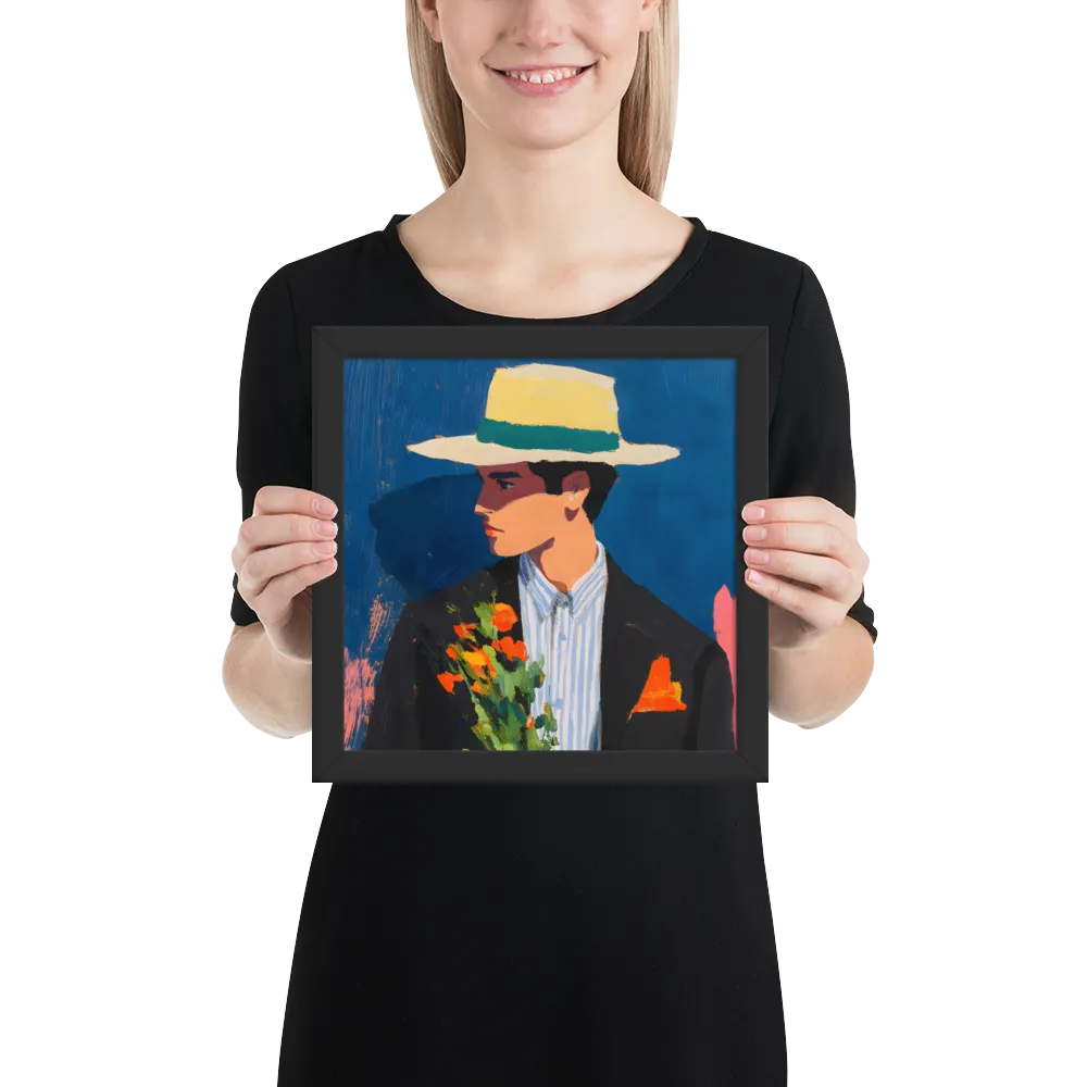 Portrait with Hat and Flowers 
 Poster with Black Frame | 10″x 10″