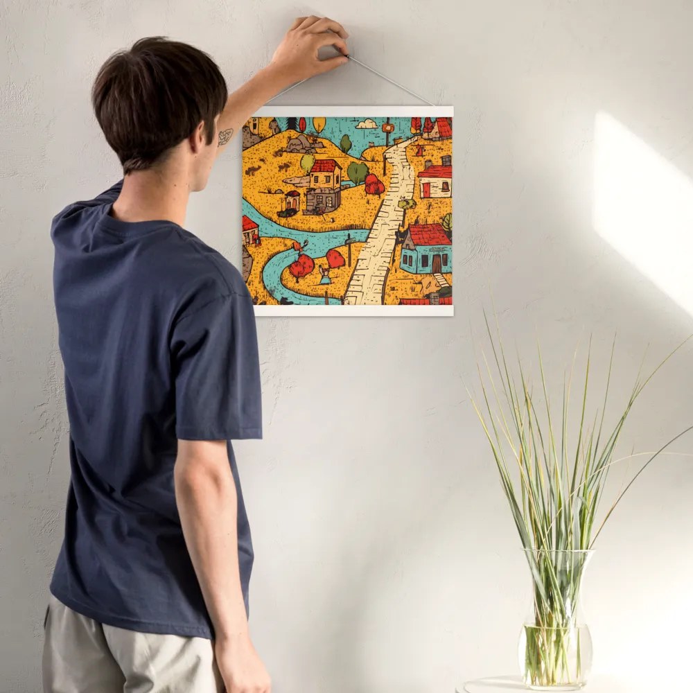 Whimsical Village Landscape | Poster With White Wood Hanger | 16″×16″