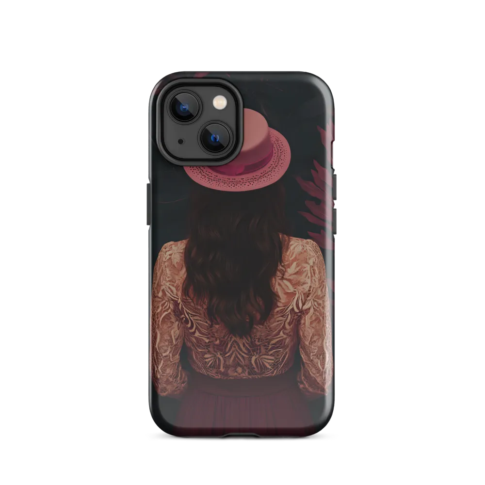 Woman with Pink Hat Among Burgundy Leaves